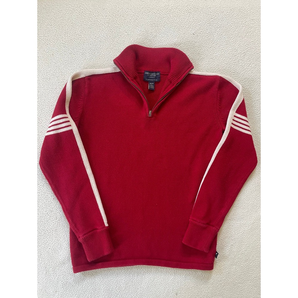 American Eagle Mens Extra Small Sweater Red Quarter Zip Racing Stripe Cotton